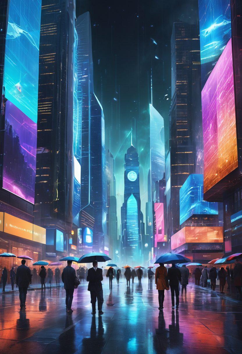 A futuristic cityscape showcasing digital interfaces and technology intertwined with insurance symbols like shields and umbrellas. Include diverse people engaging with digital devices, representing risk management and insurance coverage. Use vibrant colors to convey innovation and security in the digital age. super-realistic. vibrant colors. dynamic composition.