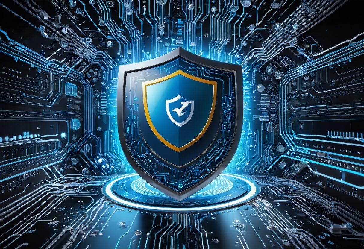 A dynamic illustration featuring a digital shield symbolizing protection, surrounded by icons representing policies, premiums, and claims, all integrated into a futuristic virtual landscape. The background should include abstract representations of the digital realm, such as circuit boards and binary code, to highlight the era of virtual insurance. Bright and contrasting colors to capture attention and invoke a sense of security and modernity. super-realistic. vibrant colors. 3D.