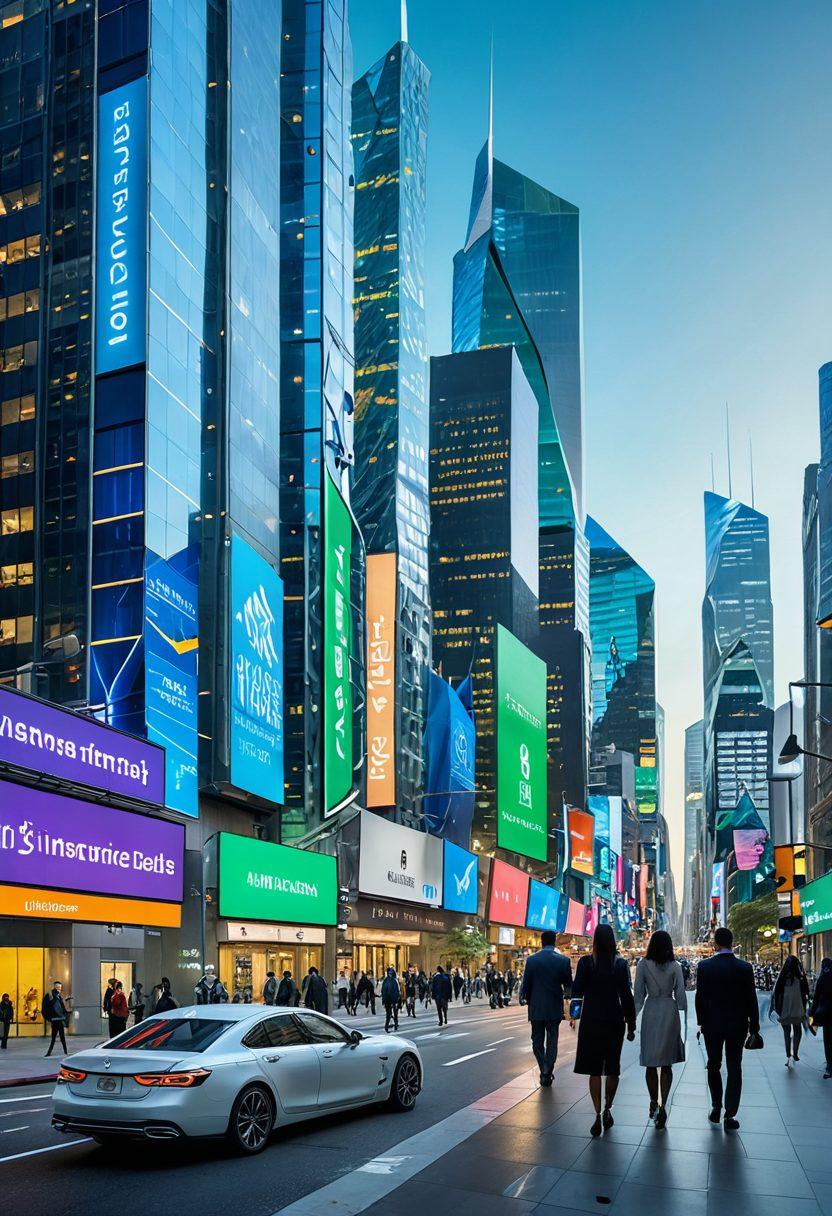 A futuristic city skyline with digital billboards showcasing various online insurance services, a diverse group of people engaging with their devices in front of a transparent bank, surrounded by symbols of financial growth like upward arrows and coins. Bright blue and green color palette to evoke a sense of security and innovation. super-realistic. vibrant colors. futuristic design.